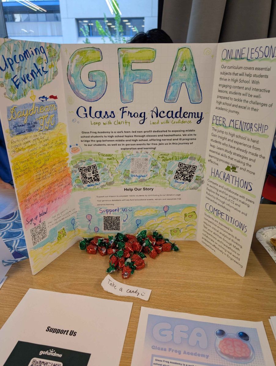 Close-up of the hand-drawn GFA trifold board with a bowl of candy